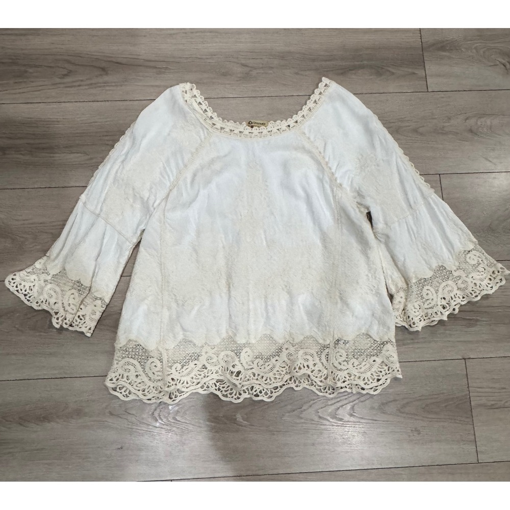 Democracy White Boho Crochet Lace Embroidered Bell Sleeve Blouse Top Large